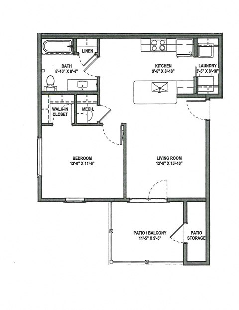 Floor plan for 1 bed, 1 bath, 720 sqft